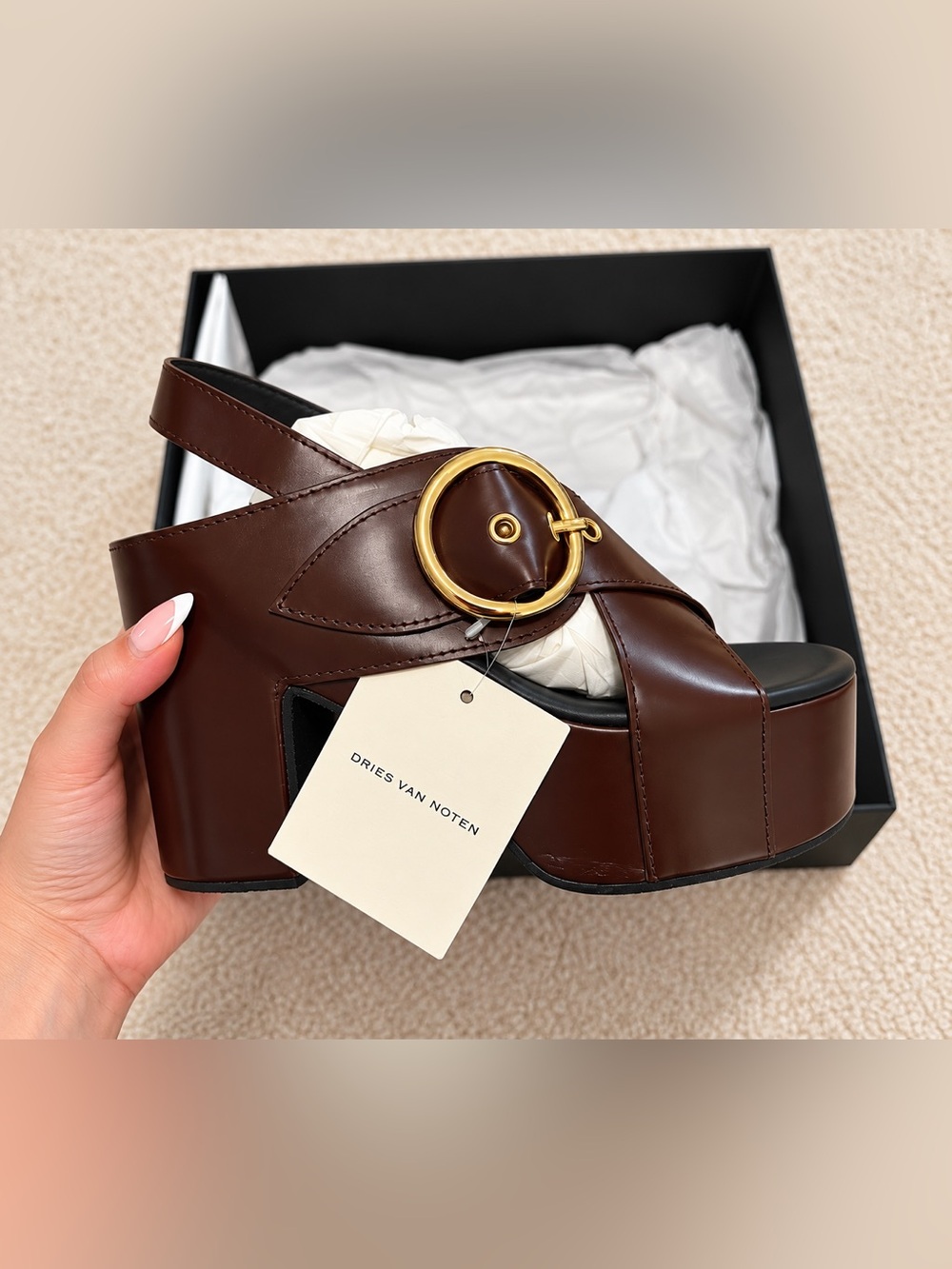 Dries Van Noten Brown Leather Platform Sandals Gold Buckle EU 36